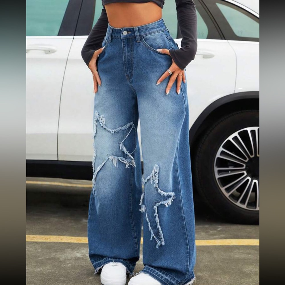 Women's Loose Fit Jeans With Star Pattern Print